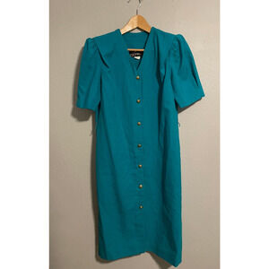 Vintage Damon Womens Midi Dress Size 8 Teal Rayon Blend Gold Buttons Secretary